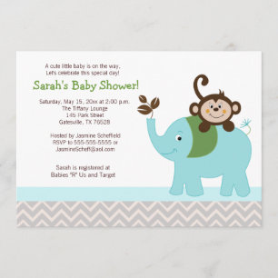 Monkey och Elephant Silver Chevron Baby Shower Inbjudningar