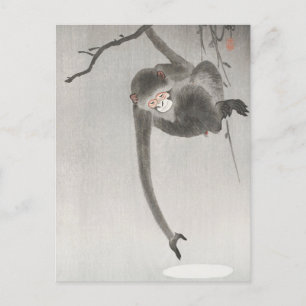 Monkey och reflexion över Måne av Ohara Koson Vykort