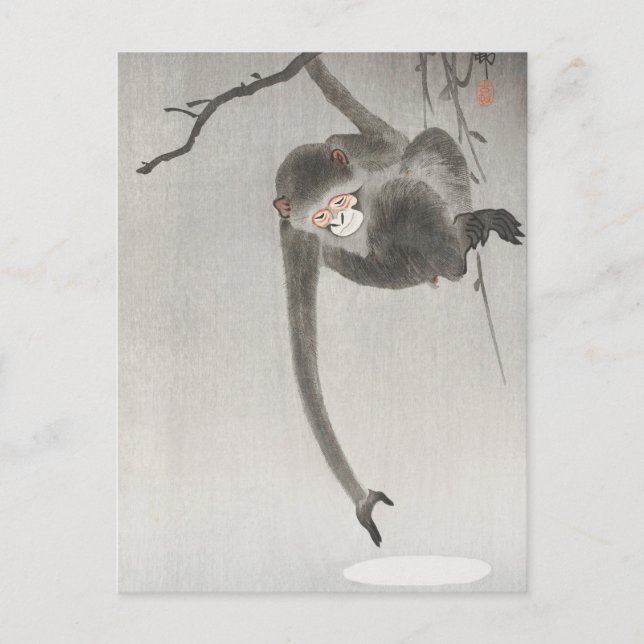 Monkey och reflexion över Måne av Ohara Koson Vykort (Framsida)
