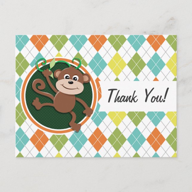 Monkey på färgad argyle Mönster Vykort (Framsida)