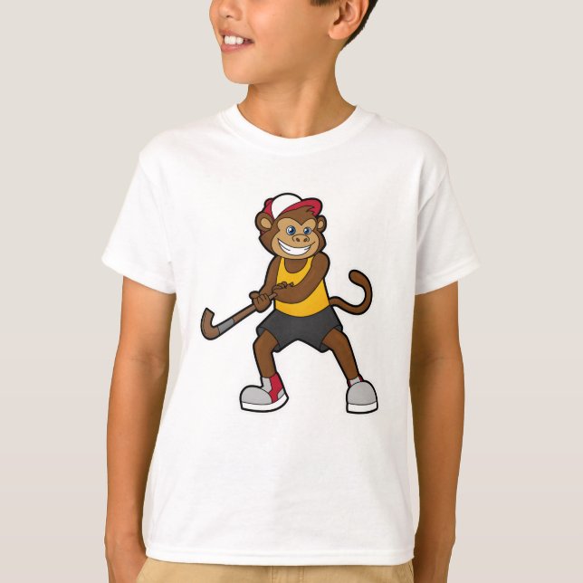 Monkey på Hockey med Hockey stick T Shirt (Framsida)