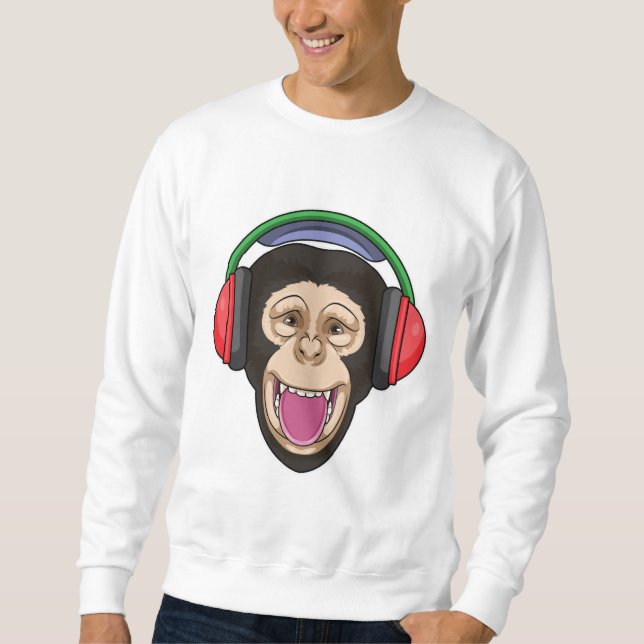 Monkey på Music med hörlurar Lång Ärmad Tröja (Framsida)