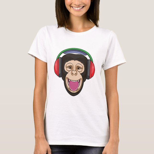 Monkey på Music med hörlurar T Shirt (Framsida)