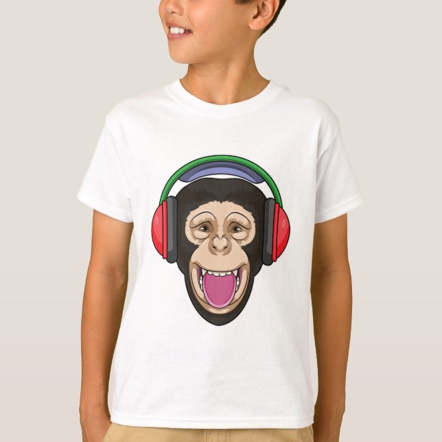 Monkey på Music med hörlurar T Shirt (Framsida)