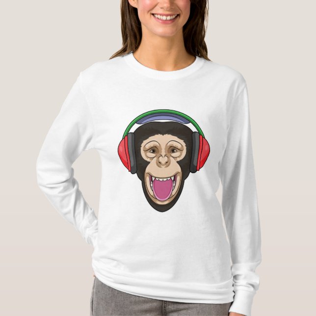 Monkey på Music med hörlurar T Shirt (Framsida)