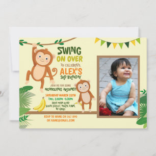 Monkey Party Birthday Swing Photo Gult Inbjudningar
