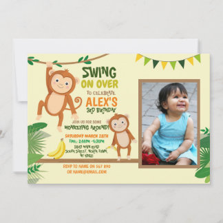 Monkey Party Birthday Swing Photo Gult Inbjudningar