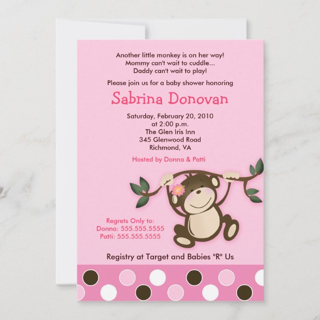 MONKEY PLAY 5x7 ROSA GIRL BABY SHOWER Inbjudningar (Framsida)