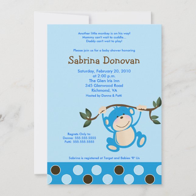 Monkey Play i Blue Boy-babydusch 5 x 7 Inbjudningar (Framsida)