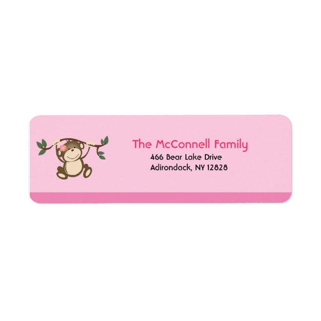 Monkey Play Rosa PRINTABLE-ADRESSETIKETTER Returadress Etikett (Framsidan)