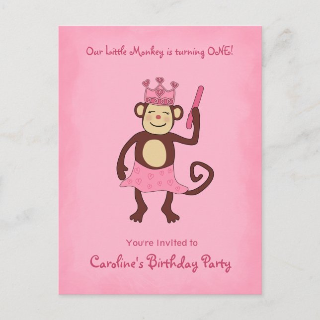 Monkey Princess 1st Birthday Inbjudan Vykort (Framsida)