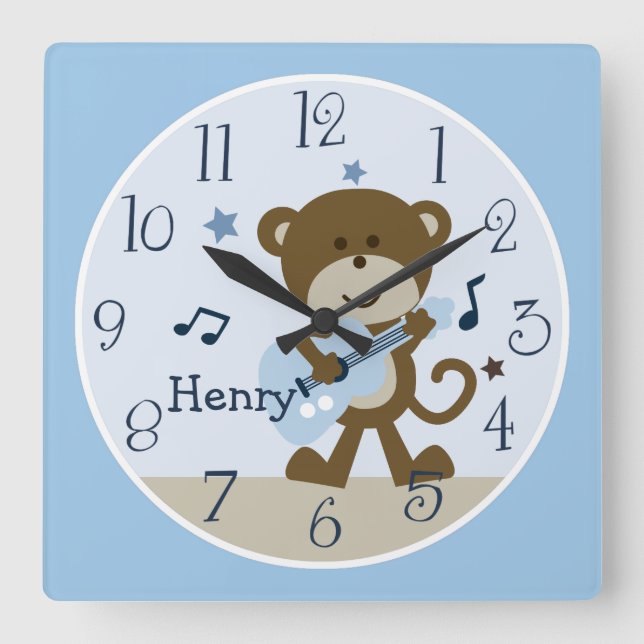 Monkey Rockstar/Musical Barn Nursery Clock Fyrkantig Klocka (Framsida)