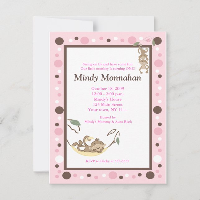 Monkey Rosa Brown Girly Trendig Birthday 4.25 x 5. Inbjudningar (Framsida)