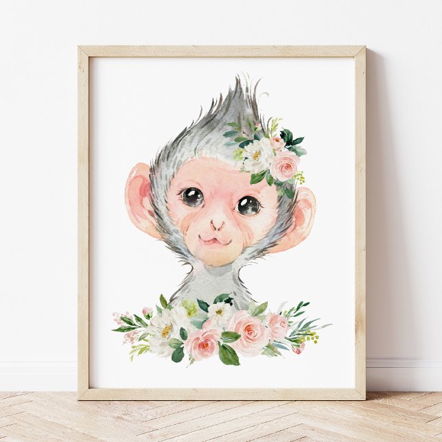 Monkey, Safari, Jungle, Rosa Flowers, Girl Nursery Fototryck (Skapare uppladdad)