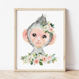 Monkey, Safari, Jungle, Rosa Flowers, Girl Nursery Poster