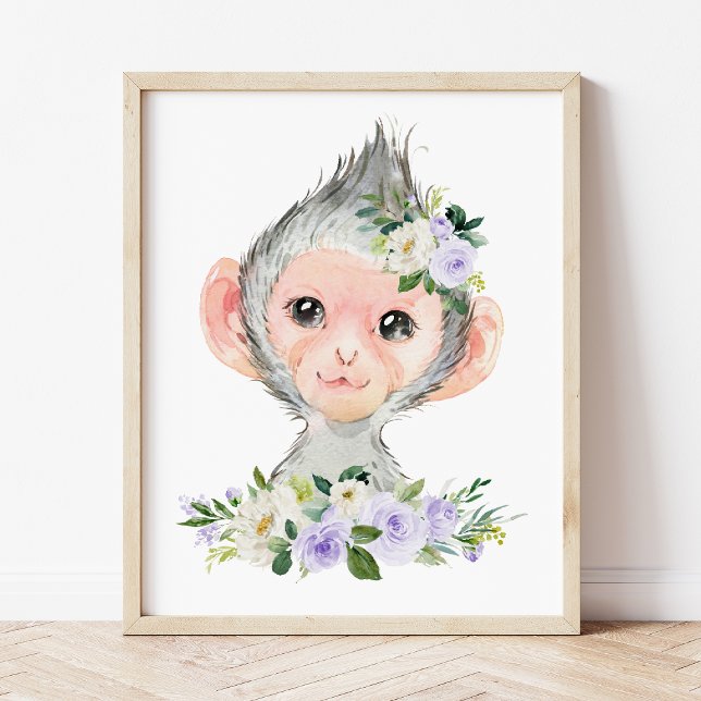 Monkey, Safari, Lila blommor, Gender Neutral Fototryck (Skapare uppladdad)