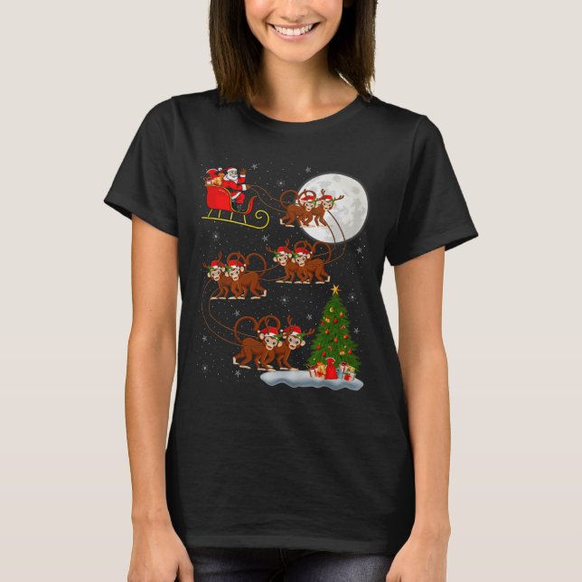 Monkey Santa Sleigh Flying Funny Magical Christmas T Shirt (Framsida)