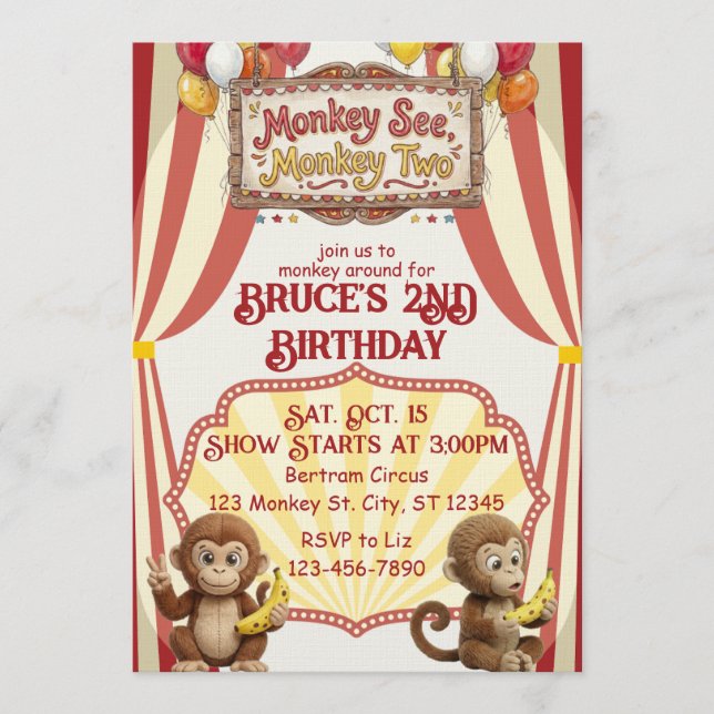 Monkey See Monkey Two, Circus 2nd Birthday Inbjudningar (Framsida)