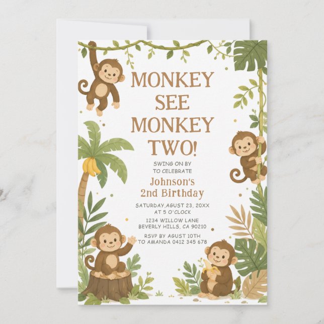 Monkey See Monkey Two Jungle 2-års födelsedag  Inbjudningar (Framsida)
