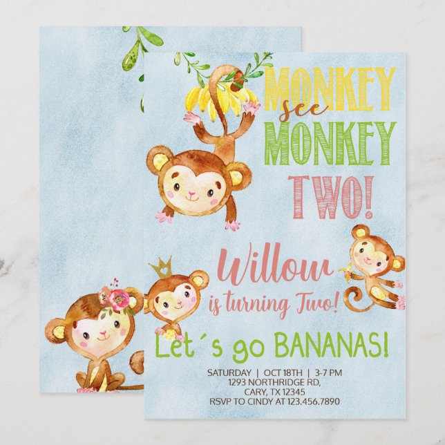 Monkey ser apa två flickfödelserbjudanden. inbjudningar (Fram/baksida)