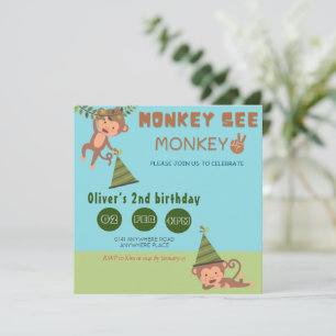 Monkey ser apa två könsneutrala födelsedag inbjudningar