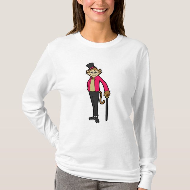 Monkey som gentleman med Hat & Walking stick T Shirt (Framsida)