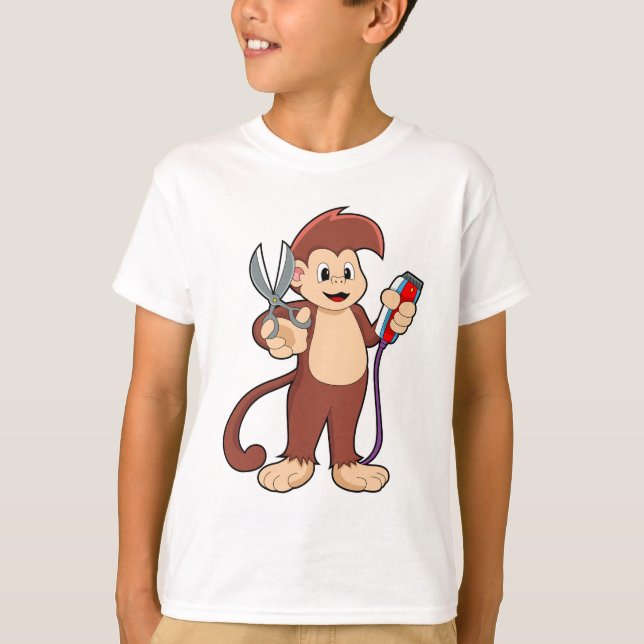 Monkey som Hairdresser med sax & Razor T Shirt (Framsida)