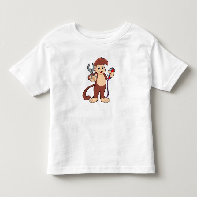 Monkey som Hairdresser med sax & Razor T Shirt (Framsida)
