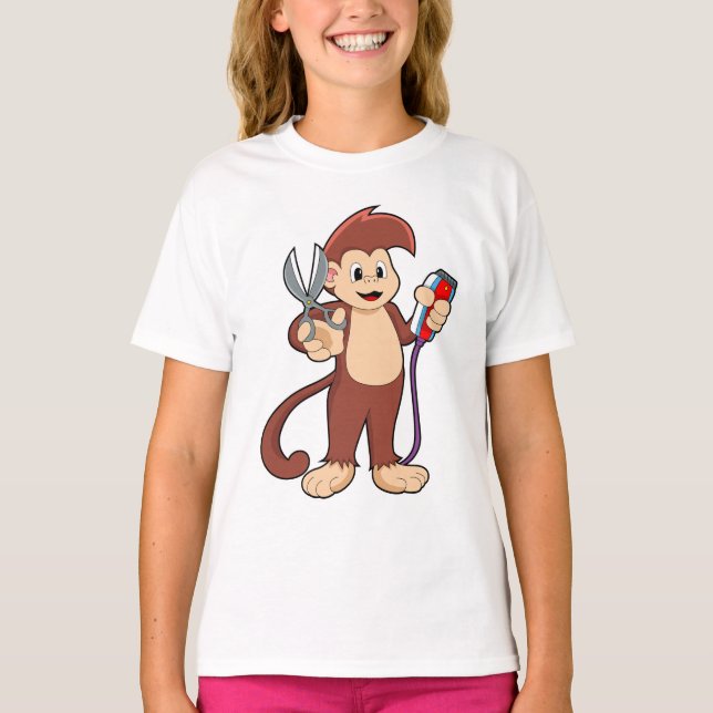 Monkey som Hairdresser med sax & Razor T Shirt (Framsida)