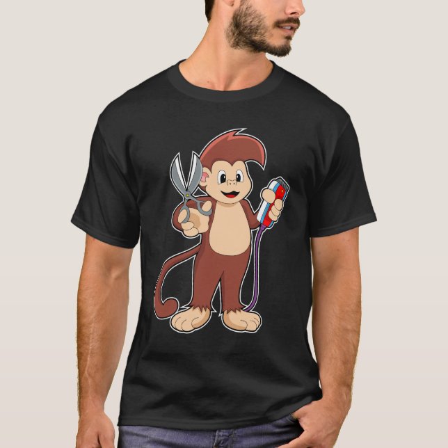 Monkey som Hairdresser med sax & Razor T Shirt (Framsida)