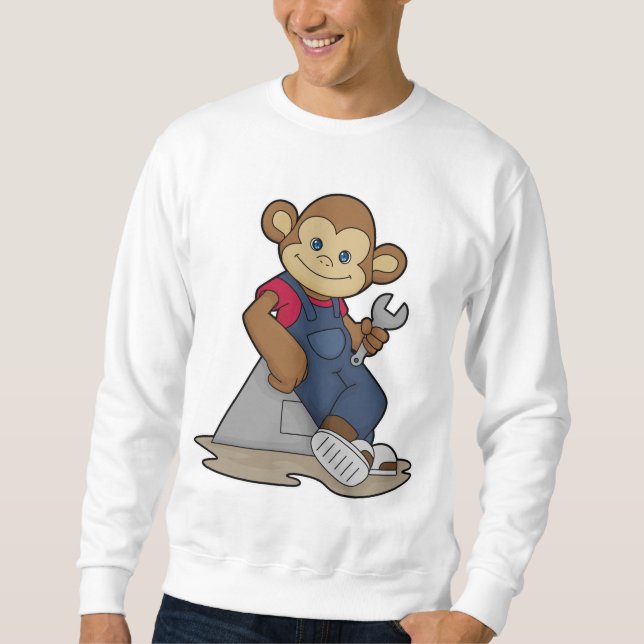 Monkey som Mechanic med Wrench Lång Ärmad Tröja (Framsida)