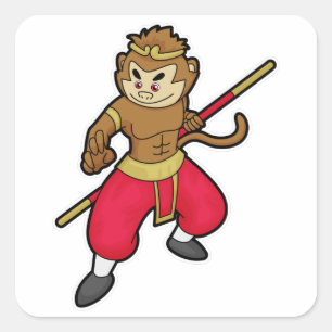 Monkey som Warrior med personal och huvudband Fyrkantigt Klistermärke