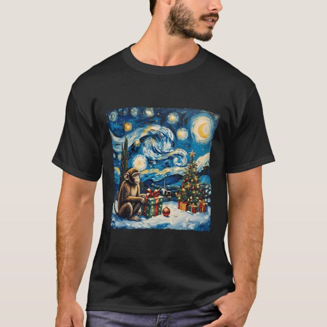 Monkey Van Gogh Stil Starry Nattjul Winte T Shirt (Framsida)
