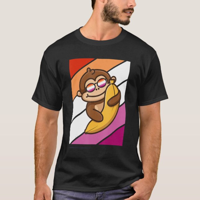 Monkey with Banana Pride Lesbisk Flagga Lgbtq Prou T Shirt (Framsida)