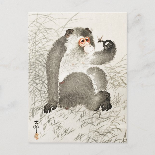 Monkey with Insekt Painting by Ohara Koson Vykort (Framsida)
