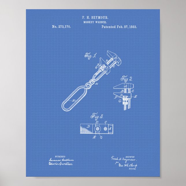 Monkey Wrench 1883 Patent Art Blueprint Poster (Framsidan)