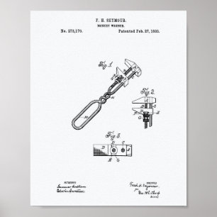 Monkey Wrench 1883 Patent Art White Papper Poster