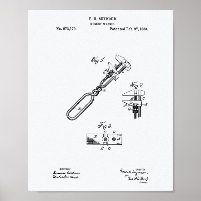 Monkey Wrench 1883 Patent Art White Papper Poster (Framsidan)