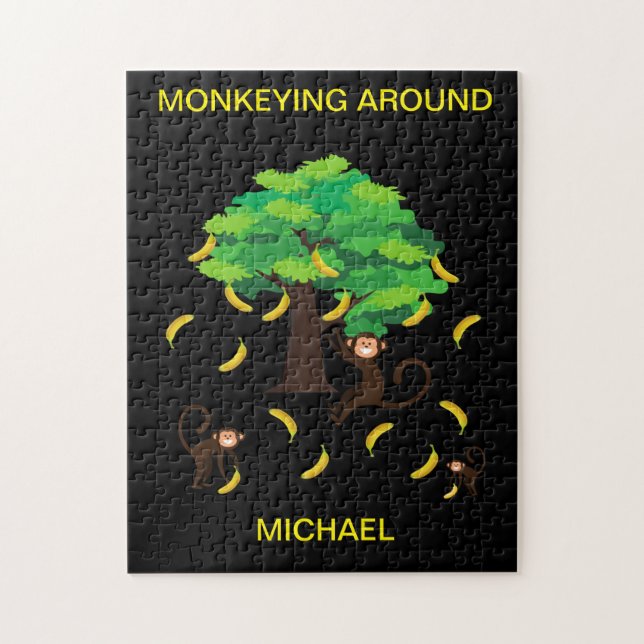 "Monkeying Around" Pussel med barnets namn. (Vertikal)