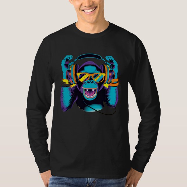 Monkeys DJ with headphones and sunglasses idea T Shirt (Framsida)