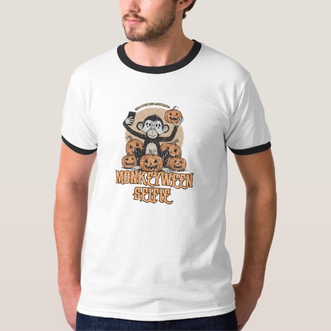 Monkeyween Selfie – Vintage Halloween  T Shirt (Framsida)