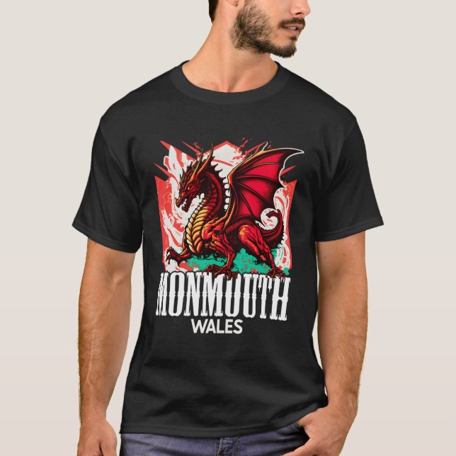 Monmouth Wales Welsh Flagga Y Ddraig Goch Dragon T Shirt (Framsida)