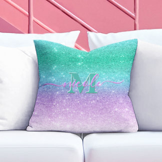 Monnogram Namn Sjöjungfru Ombre Glitter Dekorativ Kudde