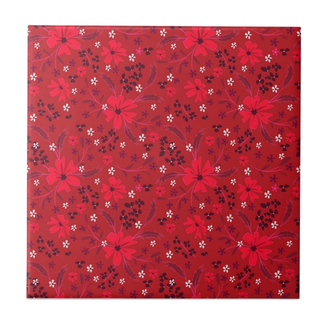 Monochromatic bright red retro floral pattern. kakelplatta (Framsidan)