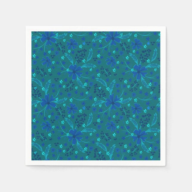 Monochromatic dark turquoise blue retro floral  pappersservett (Framsidan)