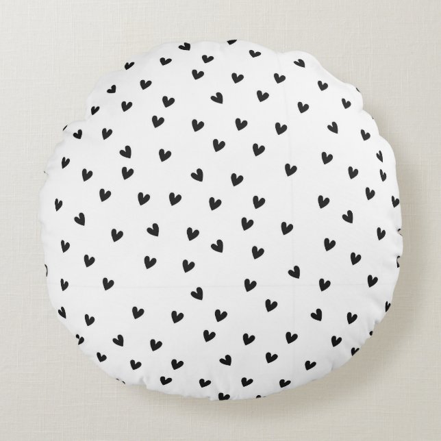 Monochrome Black and White Heart Pattern Rund Kudde (Framsidan)