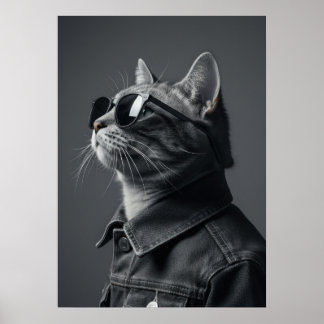 Monochrome Cool Cat in Denim Jacket Portrait Poster