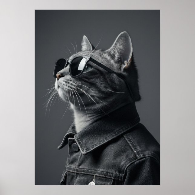 Monochrome Cool Cat in Denim Jacket Portrait Poster (Framsidan)