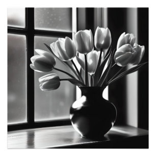 "Monochrome Elegance: Black White Tulip still Life Fototryck