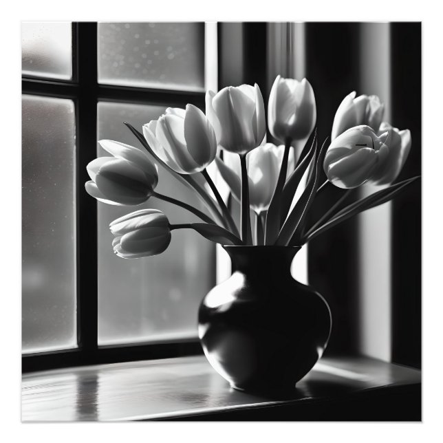 "Monochrome Elegance: Black White Tulip still Life Fototryck (Framsidan)